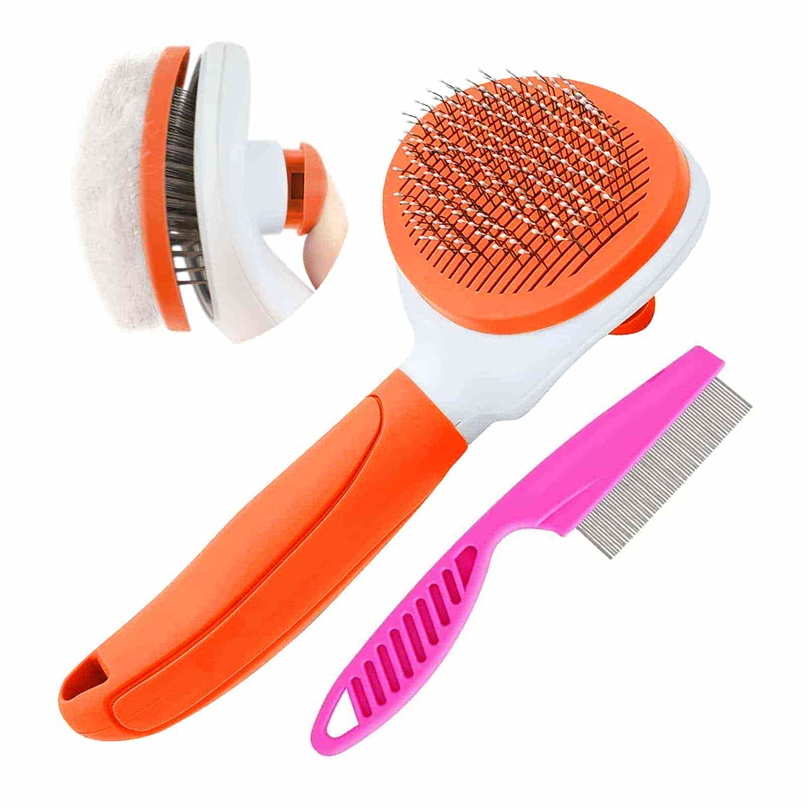 CLEAN WORLD Multi-Coat Pet Grooming Set, Self-Cleaning Shedding Brush & Stainless Steel Comb for All Hair Types