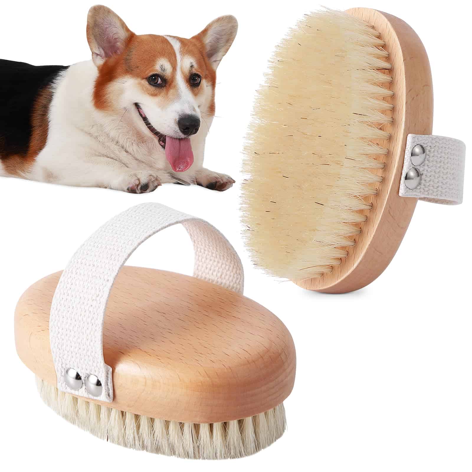 CLEAN WORLD Soft Boar Bristle Pet Palm Brush, Ergonomic Grooming Tool for Short Haired Dogs Cats with Band