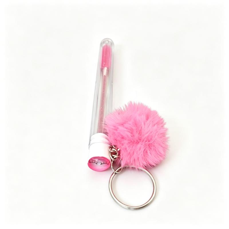 CLEAN WORLD Wholesale Custom Logo Keyring Eyelash Brush, Mini Nylon Lash Cleaning Spoolies with Pom‑pom, Portable Mascara Brush in Clear Tube
