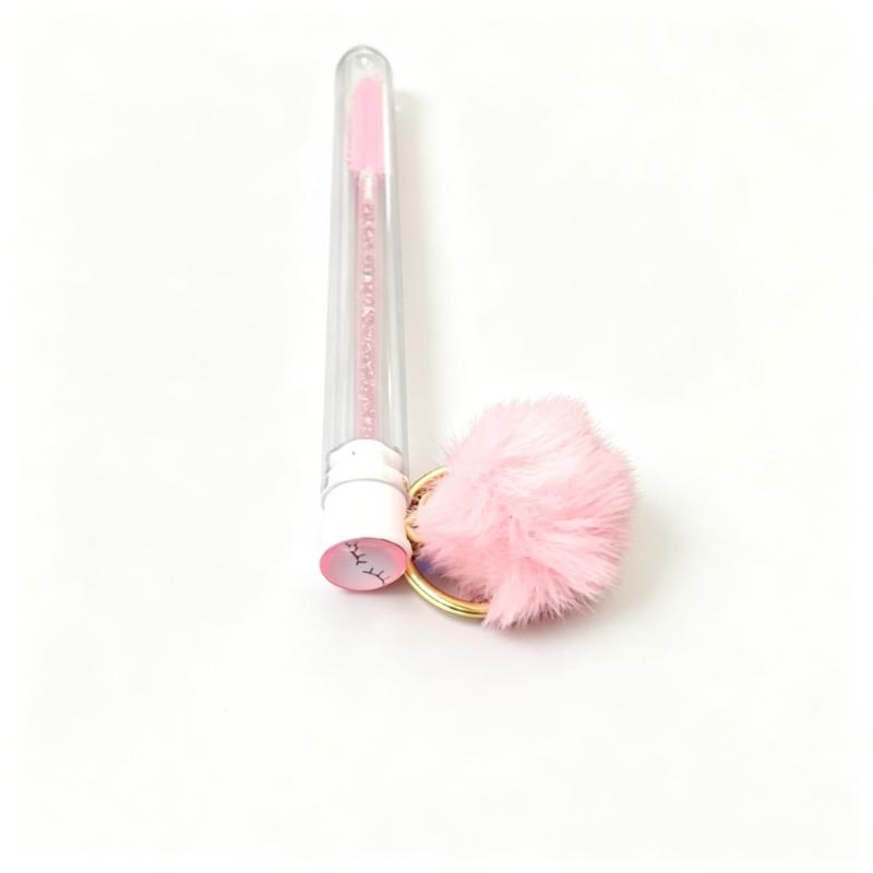 CLEAN WORLD Wholesale Custom Logo Keyring Eyelash Brush, Mini Nylon Lash Cleaning Spoolies with Pom‑pom, Portable Mascara Brush in Clear Tube
