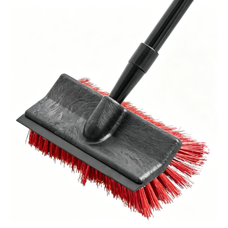 CLEAN WORLD Heavy Duty Deck Scrub Brush with Built-in Squeegee, Stiff PP Bristles, Dual-Action Floor Scrubber for Commercial, Patio, Tile & Outdoor Cleaning