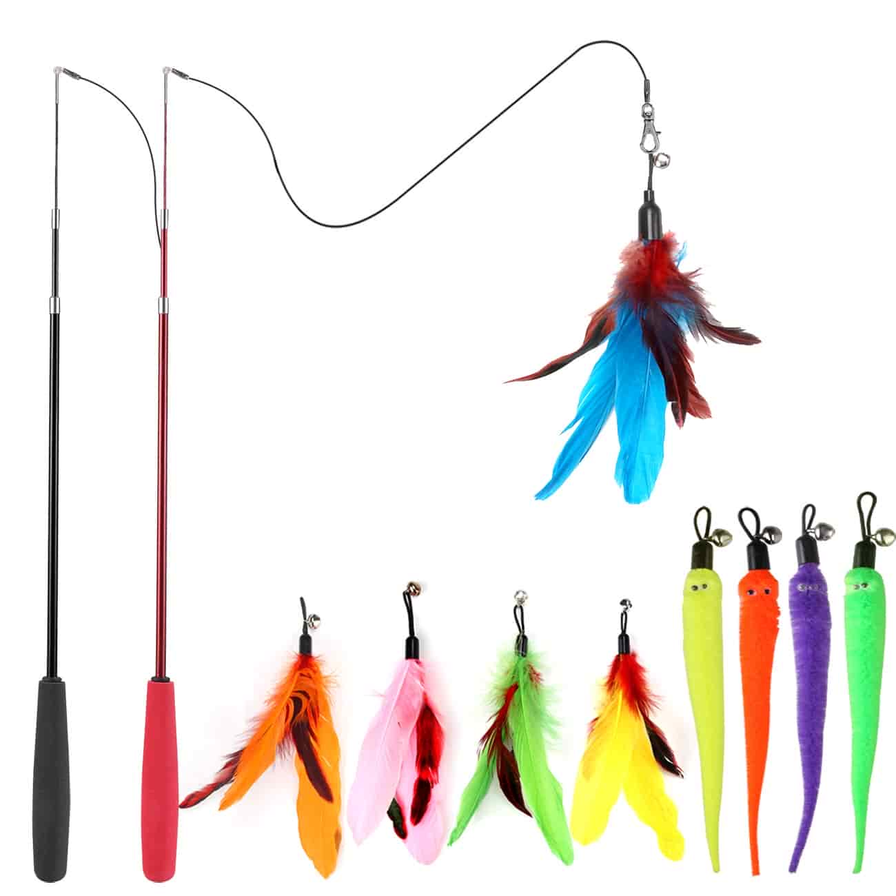 CLEAN WORLD 2PCS Retractable Cat Wand Toy, 9PCS Feather Refills Interactive Cat Toys for Indoor Cats