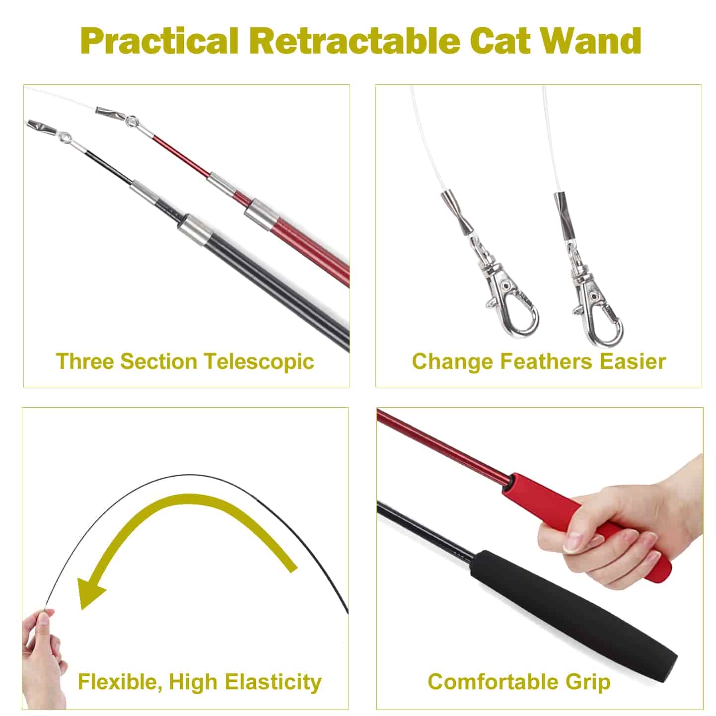 CLEAN WORLD 2PCS Retractable Cat Wand Toy, 9PCS Feather Refills Interactive Cat Toys for Indoor Cats