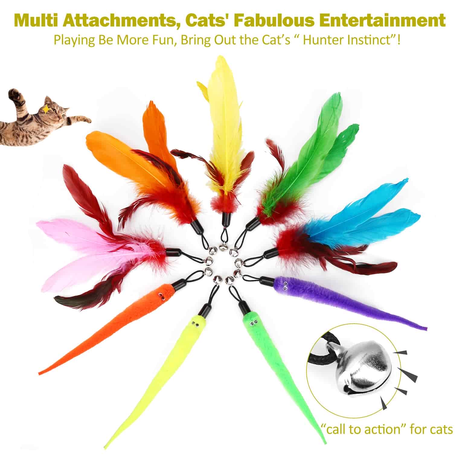 CLEAN WORLD 2PCS Retractable Cat Wand Toy, 9PCS Feather Refills Interactive Cat Toys for Indoor Cats