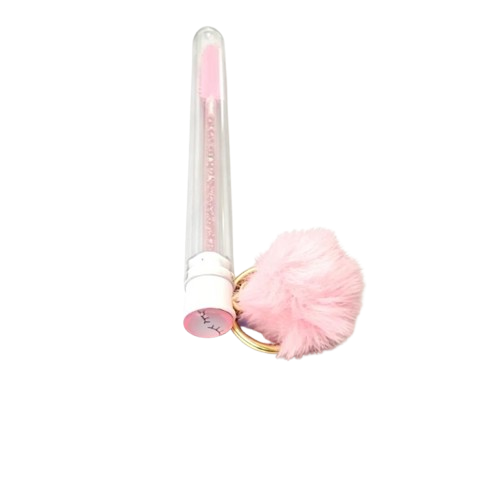 CLEAN WORLD Wholesale Custom Logo Keyring Eyelash Brush, Mini Nylon Lash Cleaning Spoolies with Pom‑pom, Portable Mascara Brush in Clear Tube