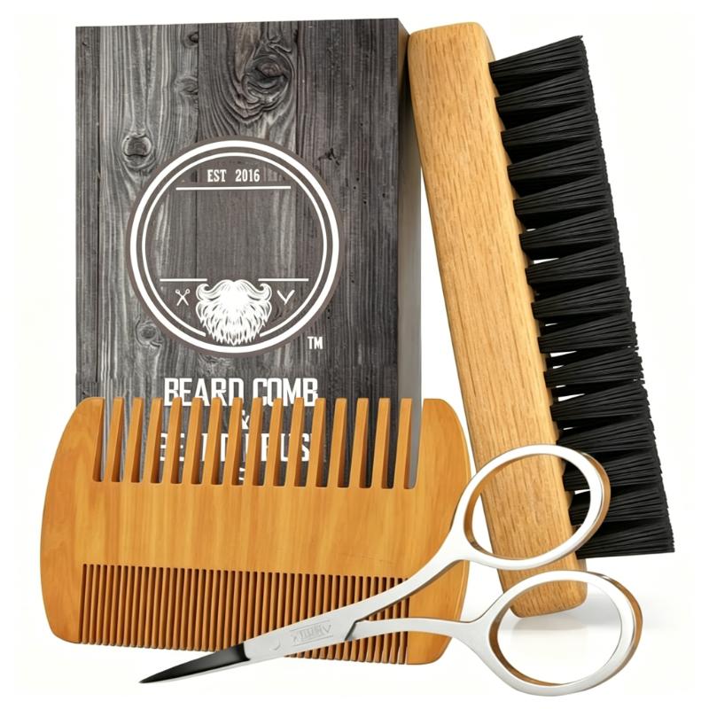 CLEAN WORLD Beard Comb & Brush Set for Men - Natural Boar Bristle Brush, Dual Action Pear Wood Comb with Velvet Travel Pouch, Grooming Kit for Beards & Mustaches