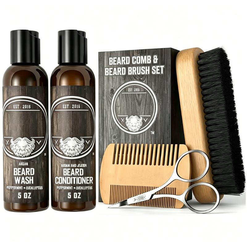 CLEAN WORLD Beard Comb & Brush Set for Men - Natural Boar Bristle Brush, Dual Action Pear Wood Comb with Velvet Travel Pouch, Grooming Kit for Beards & Mustaches