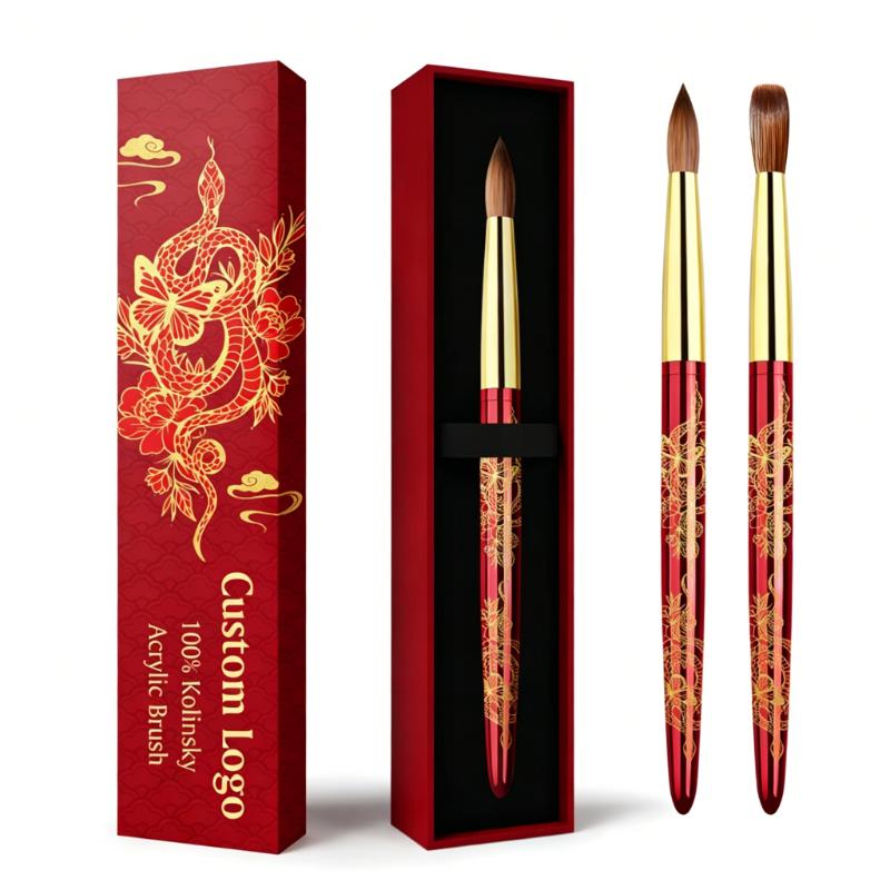 CLEAN WORLD New Custom 100% Kolinsky Acrylic Nail Brush | Snake Pattern Red Metal Handle Professional Nail Art Brush for Acrylic Powder & Extension