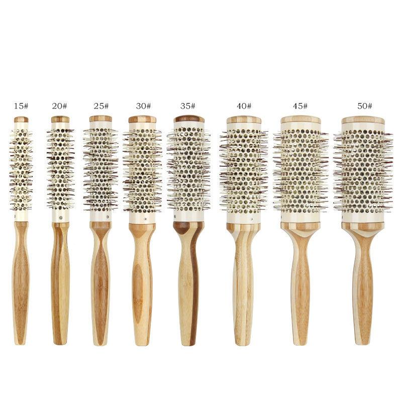 CLEAN WORLD co-friendly Bamboo Wooden Round Hair Brush, Honeycomb Hollow Thermal Barrel Nylon Bristle Roller Brush for Curling Blow Dry Hair, 7 Optional Sizes OEM Available