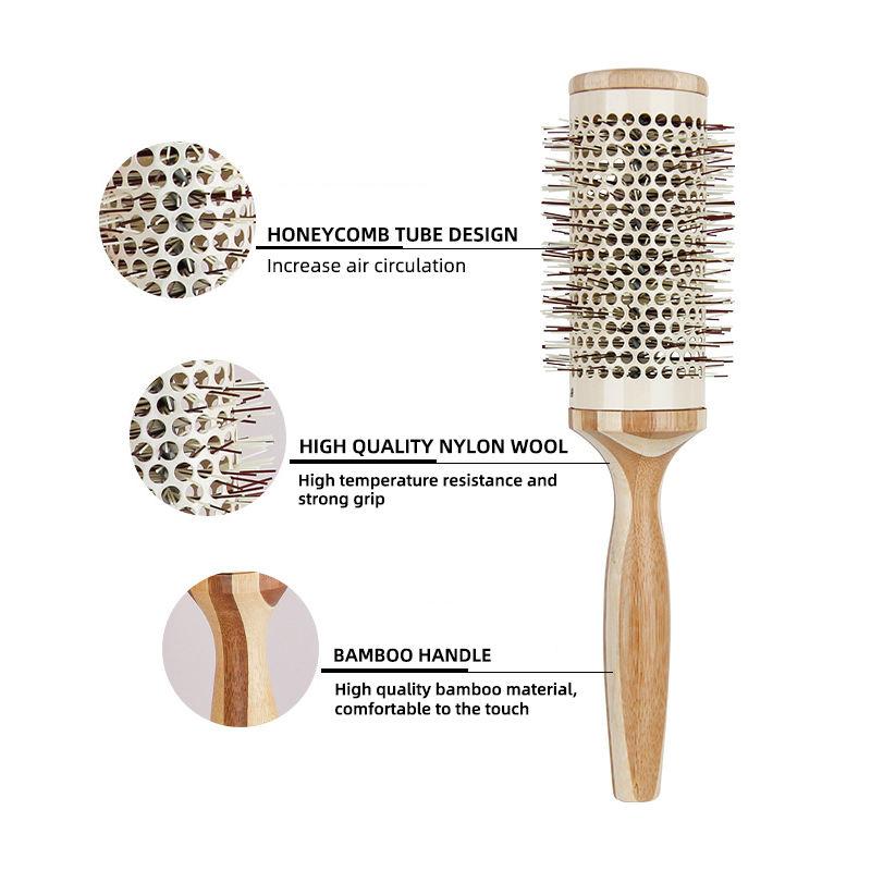 CLEAN WORLD co-friendly Bamboo Wooden Round Hair Brush, Honeycomb Hollow Thermal Barrel Nylon Bristle Roller Brush for Curling Blow Dry Hair, 7 Optional Sizes OEM Available